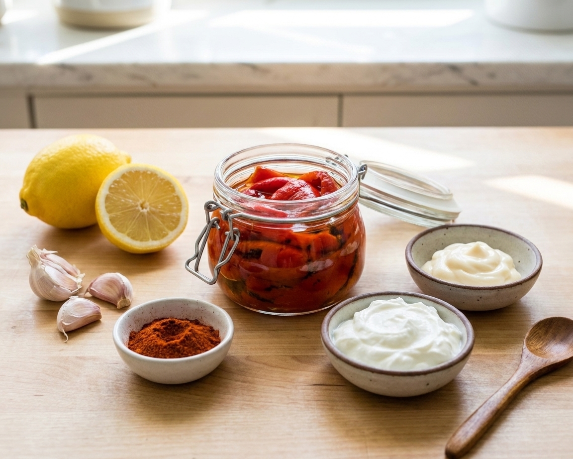 A clean kitchen counter with a jar of roasted red peppers, lemon, garlic, smoked paprika, mayonnaise, and Greek yogurt laid out for dip ingredients