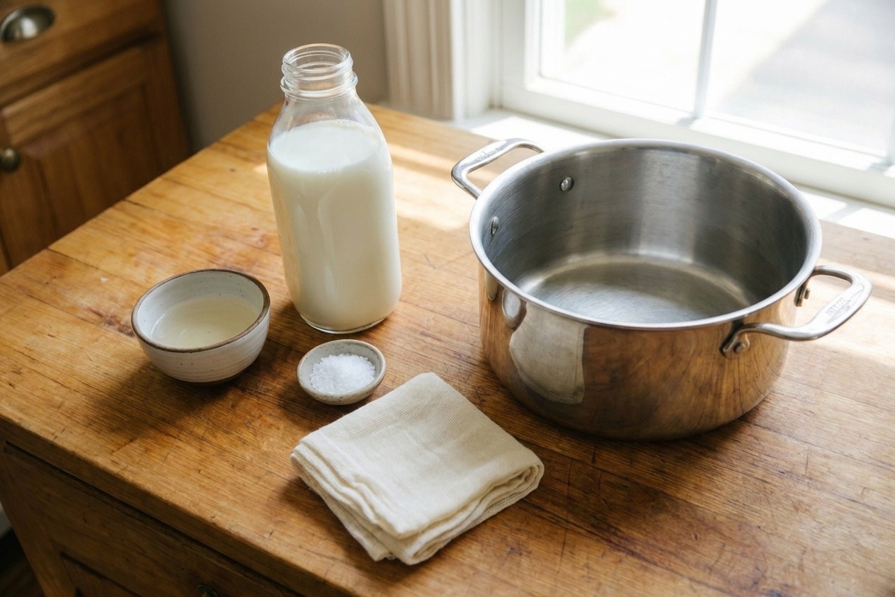 A clean kitchen counter with a pot, whole milk, vinegar, kosher salt, and cheesecloth laid out ready for making queso fresco
