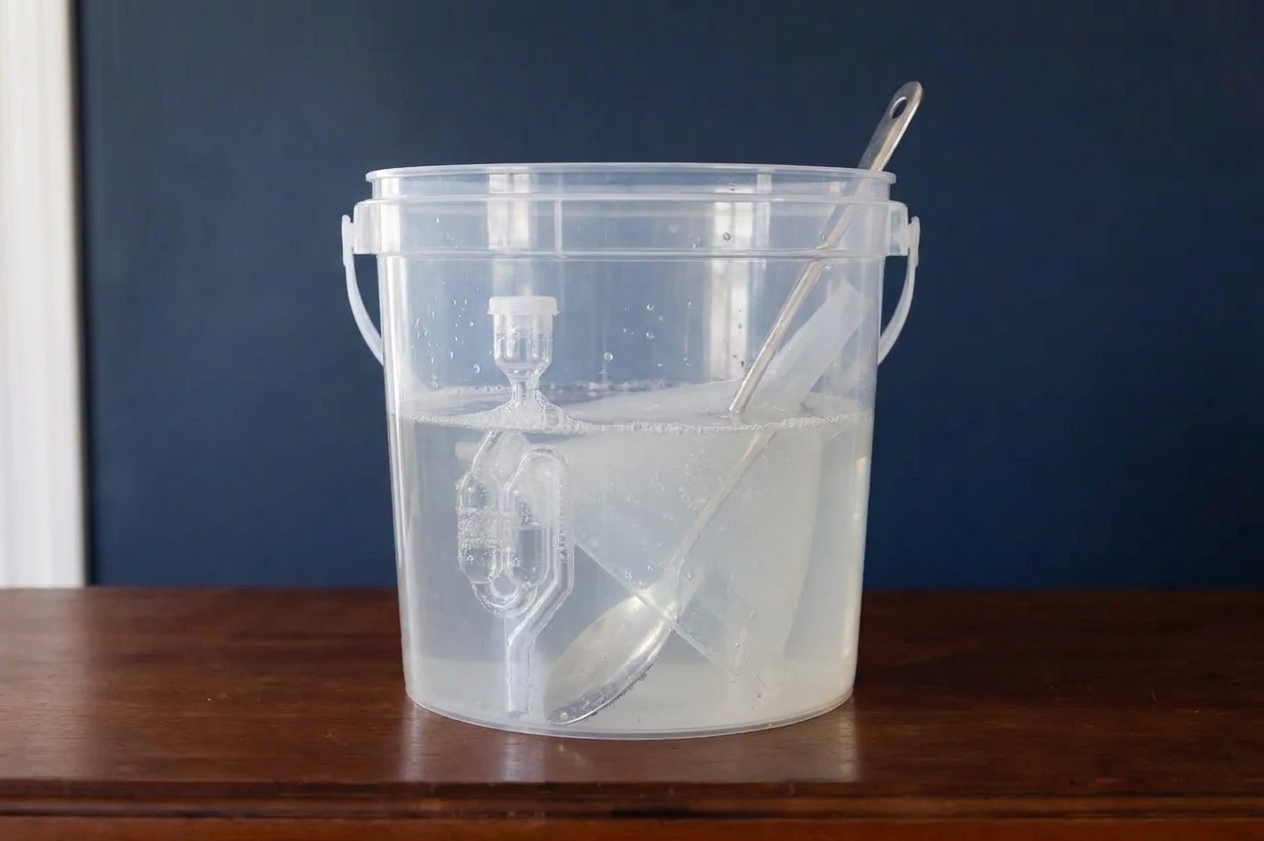 A clean kitchen counter with brewing equipment soaking in sanitizer solution, including an airlock, funnel, and spoon