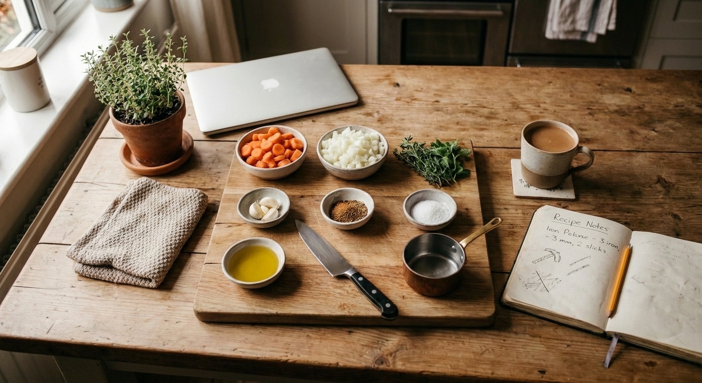 A clean kitchen tabletop prep station with ingredients lined up, mirroring the idea of placing materials in the right crafting slots