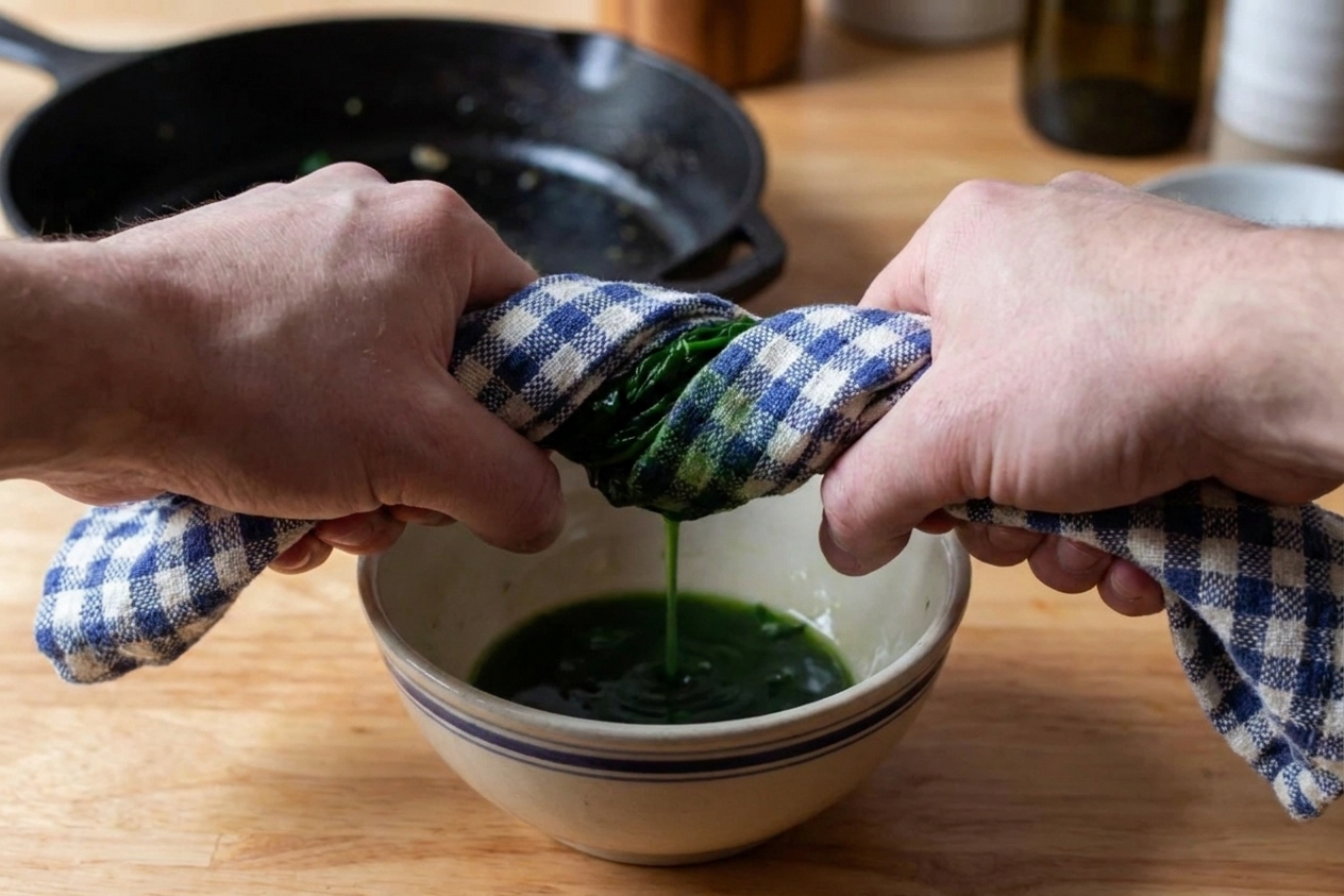A clean kitchen towel twisted over a bowl, squeezing cooked spinach so the liquid drains out
