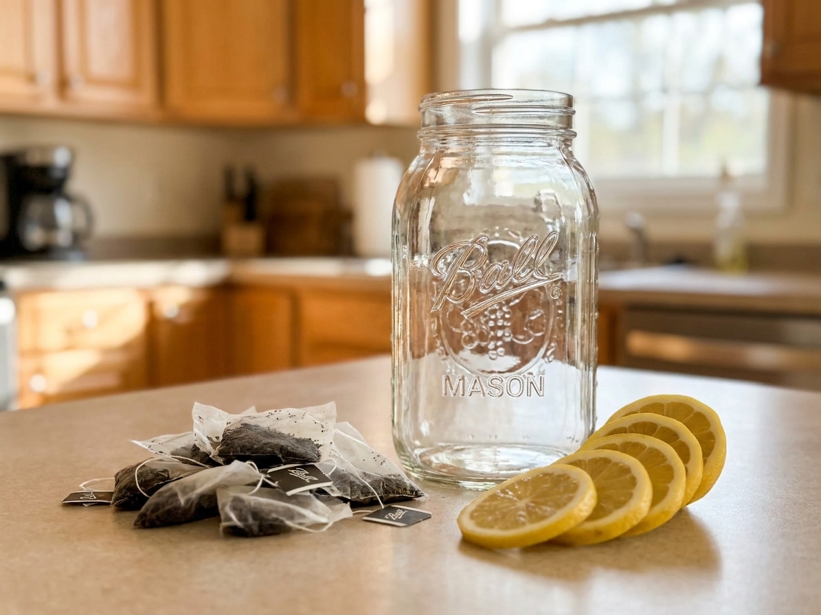 A clean large glass jar next to black tea bags and thin lemon slices on a neutral kitchen counter