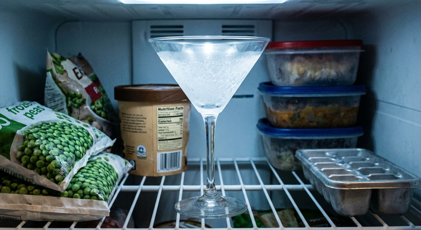 A clean martini glass sitting in a freezer with a light frost on the bowl, realistic home kitchen photo