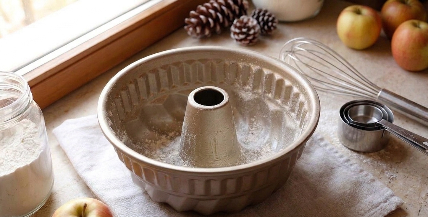 A clean metal Bundt pan sitting on a lightly floured kitchen counter next to a whisk and measuring cups in soft natural light