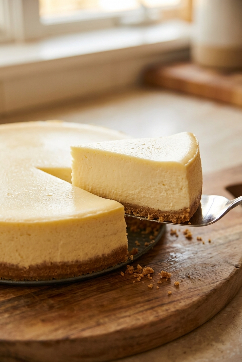 A clean slice being cut from a chilled cheesecake with a smooth top and graham crust