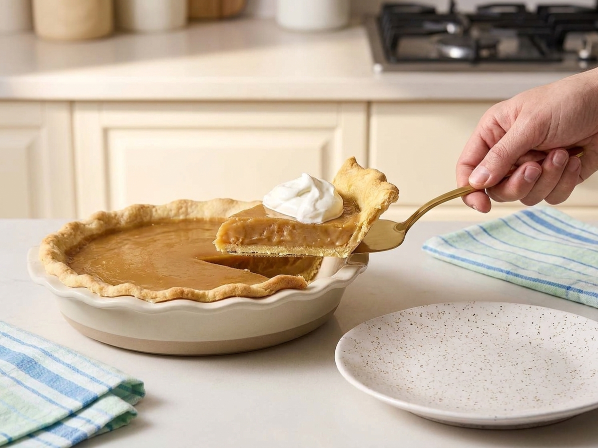 A clean slice being lifted from a butterscotch pie, showing a smooth brown sugar custard layer and whipped cream topping in a bright home kitchen