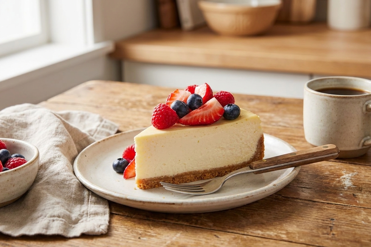 A clean slice of cheesecake topped with fresh berries on a plate with a fork on a cozy table setting