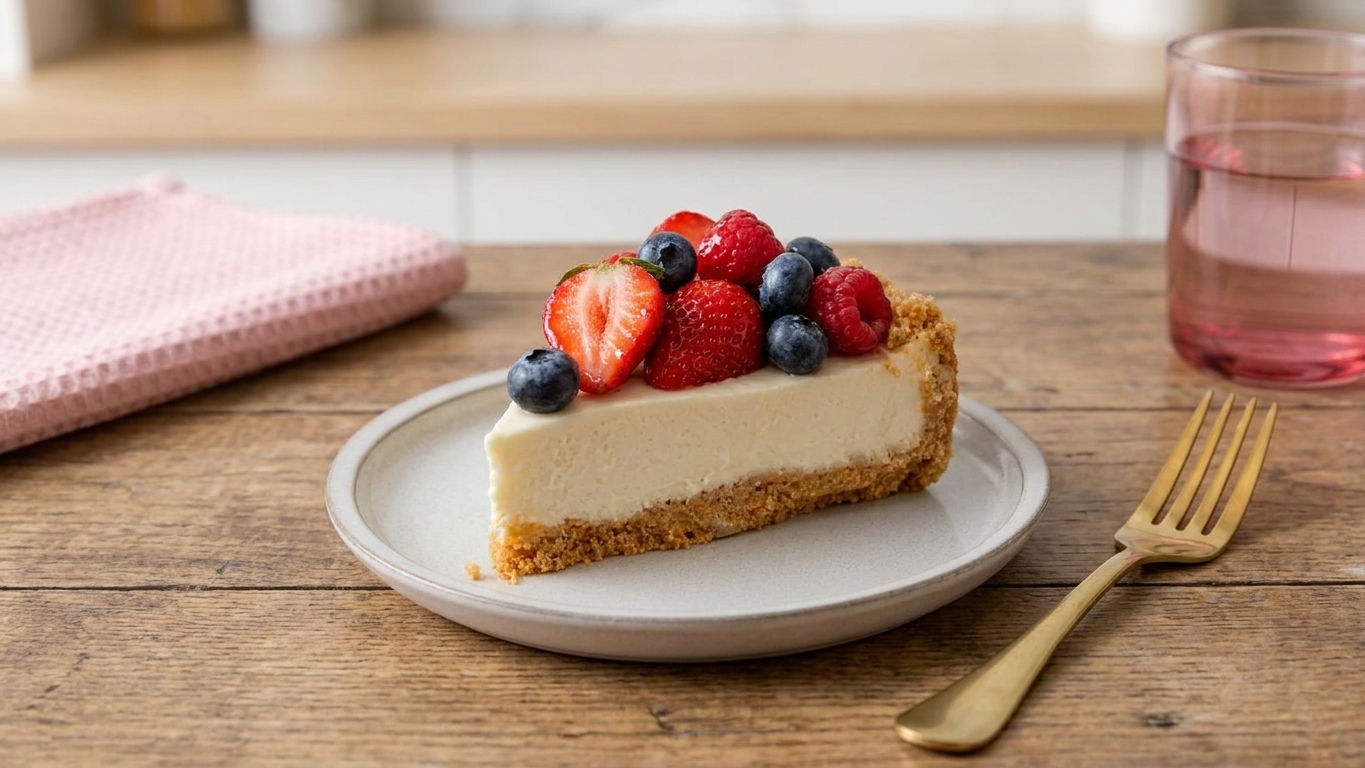 A clean slice of cheesecake topped with fresh berries on a dessert plate on a wooden table with soft natural light