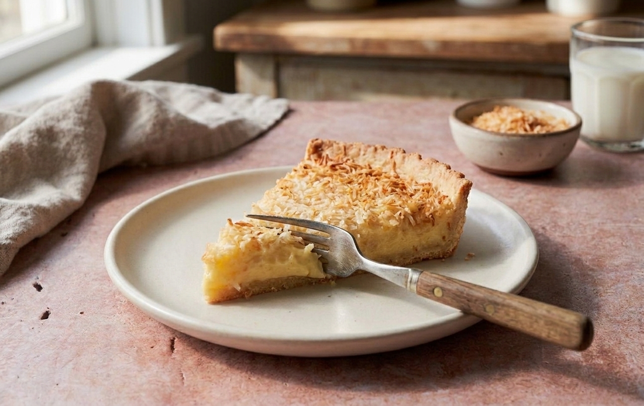 A clean slice of coconut custard pie on a dessert plate with a fork, showing creamy custard and flaky crust on a simple table setting