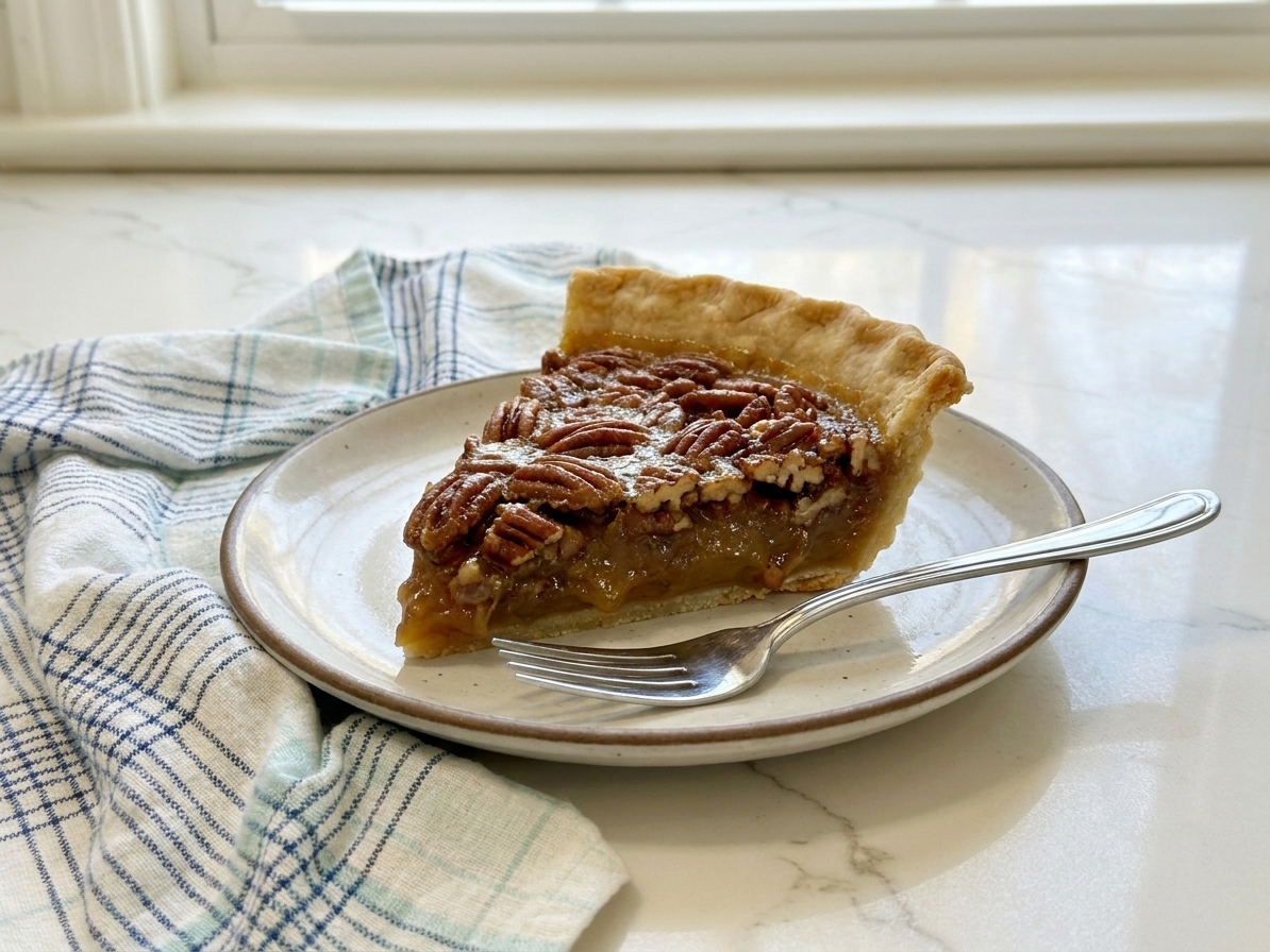 A clean slice of pecan pie on a dessert plate with a fork beside it, showing a set gooey filling and crisp crust
