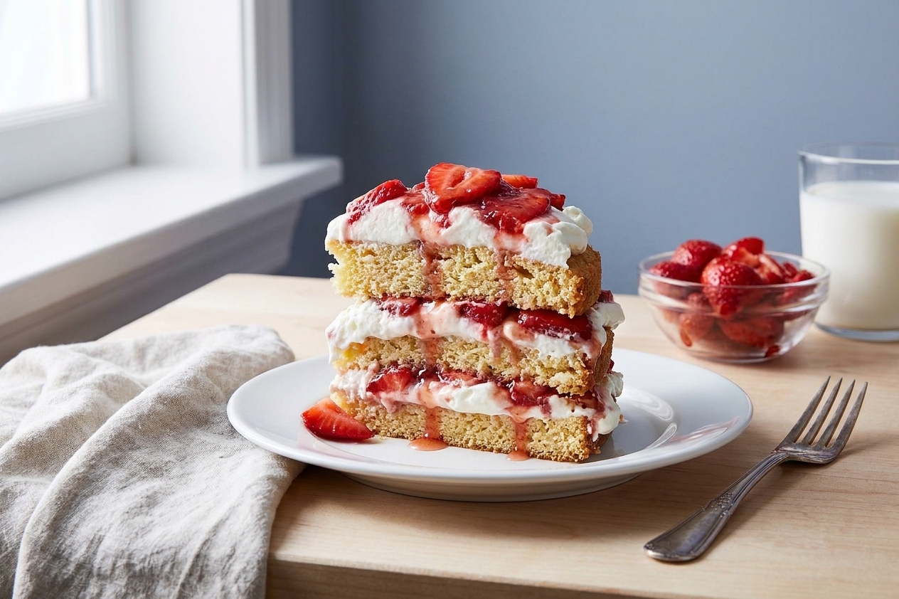 A clean slice of strawberry shortcake cake on a dessert plate with visible strawberry layers and fluffy whipped cream frosting on a dining table
