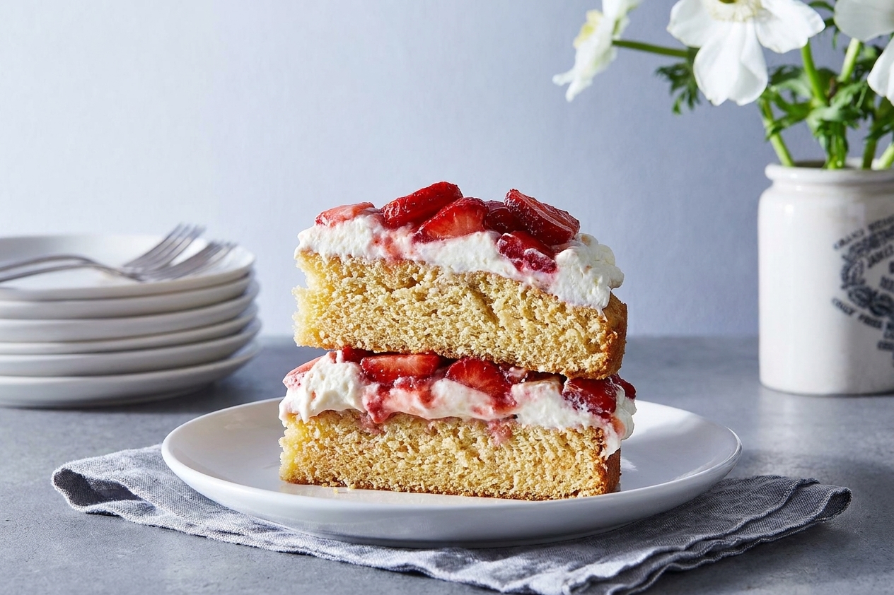 A clean slice of strawberry shortcake cake on a dessert plate, showing vanilla cake layers, whipped cream frosting, and strawberries in the middle