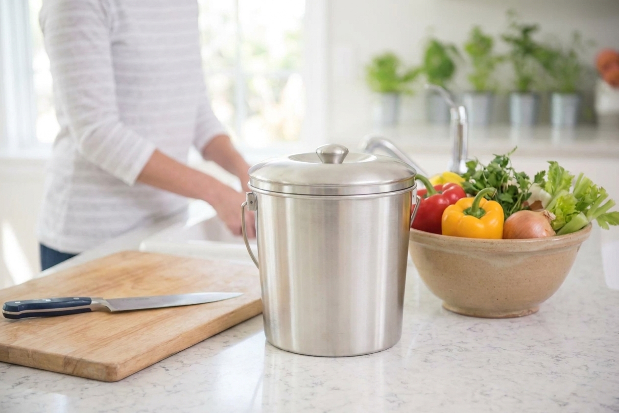 A clean stainless countertop compost bin with the lid closed on a tidy kitchen counter next to a cutting board and a bowl of produce