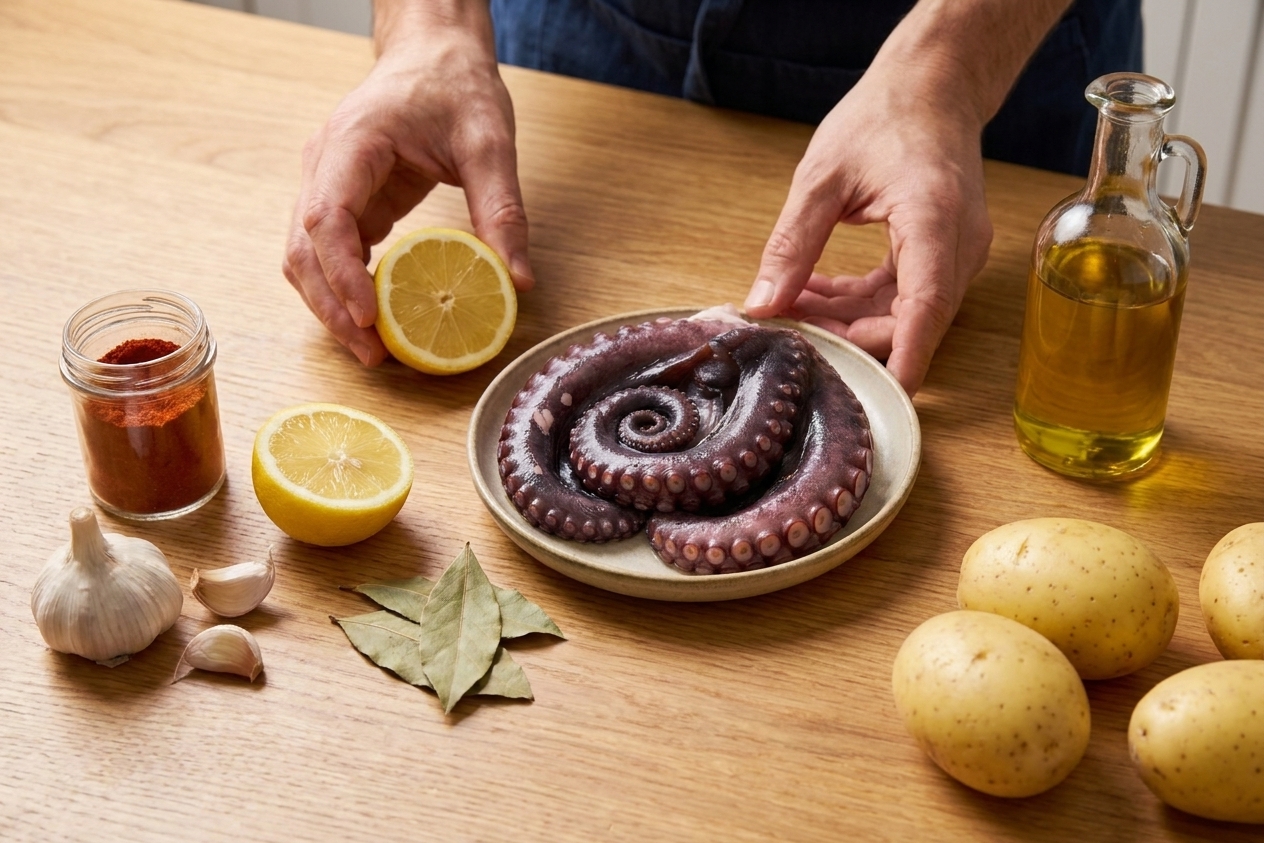A cleaned raw octopus next to bay leaf, garlic cloves, lemon halves, smoked paprika, olive oil, and potatoes on a kitchen counter