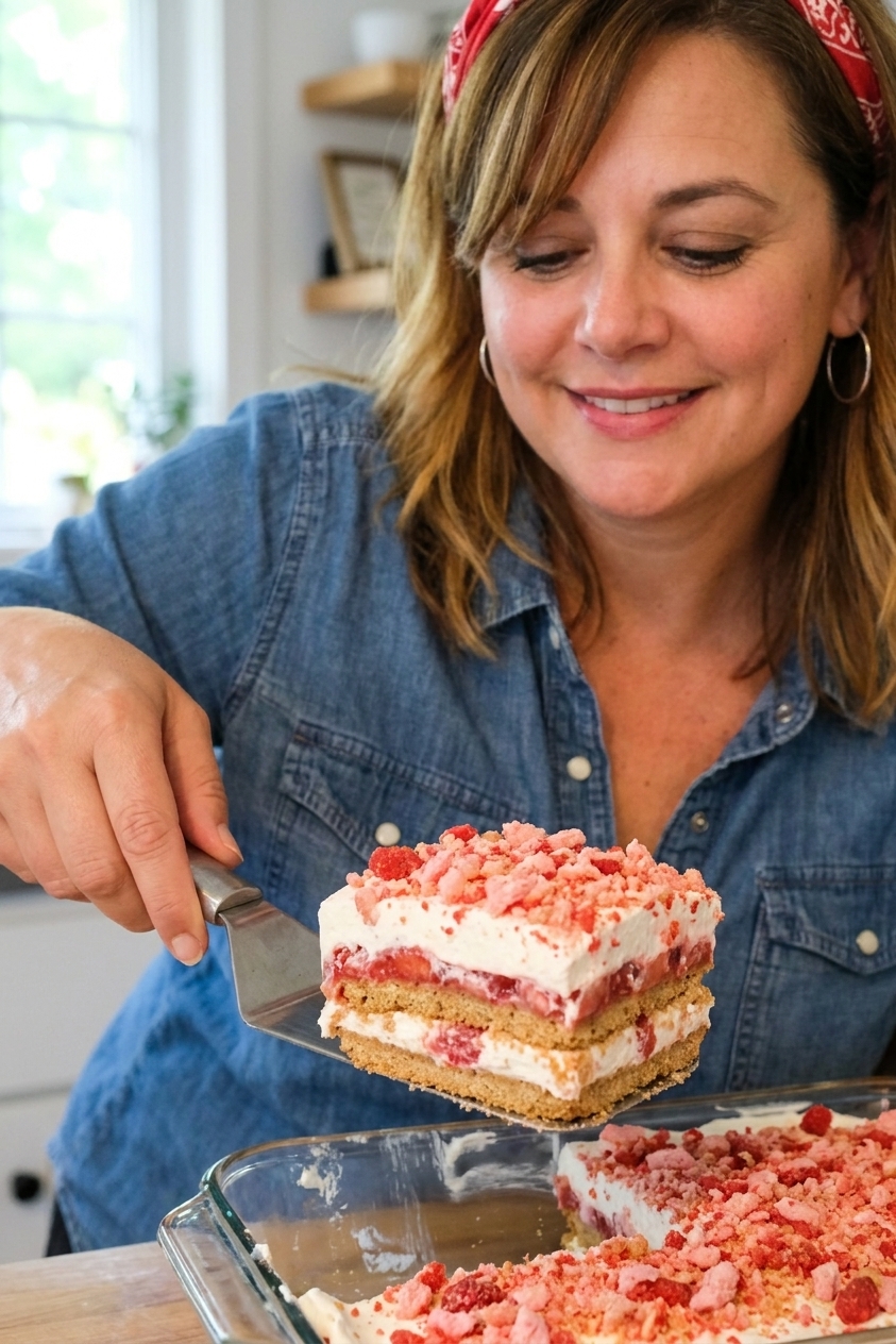 A cleanly cut square of strawberry crunch icebox cake being lifted from a baking dish with a spatula, showing distinct layers and crunchy topping