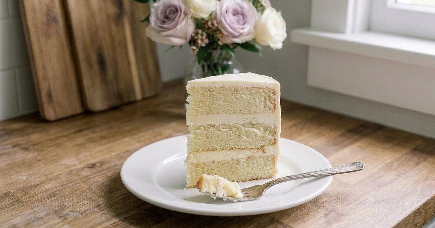 A cleanly sliced piece of vanilla wedding cake on a dessert plate with a fork, showing fluffy crumb and buttercream layers
