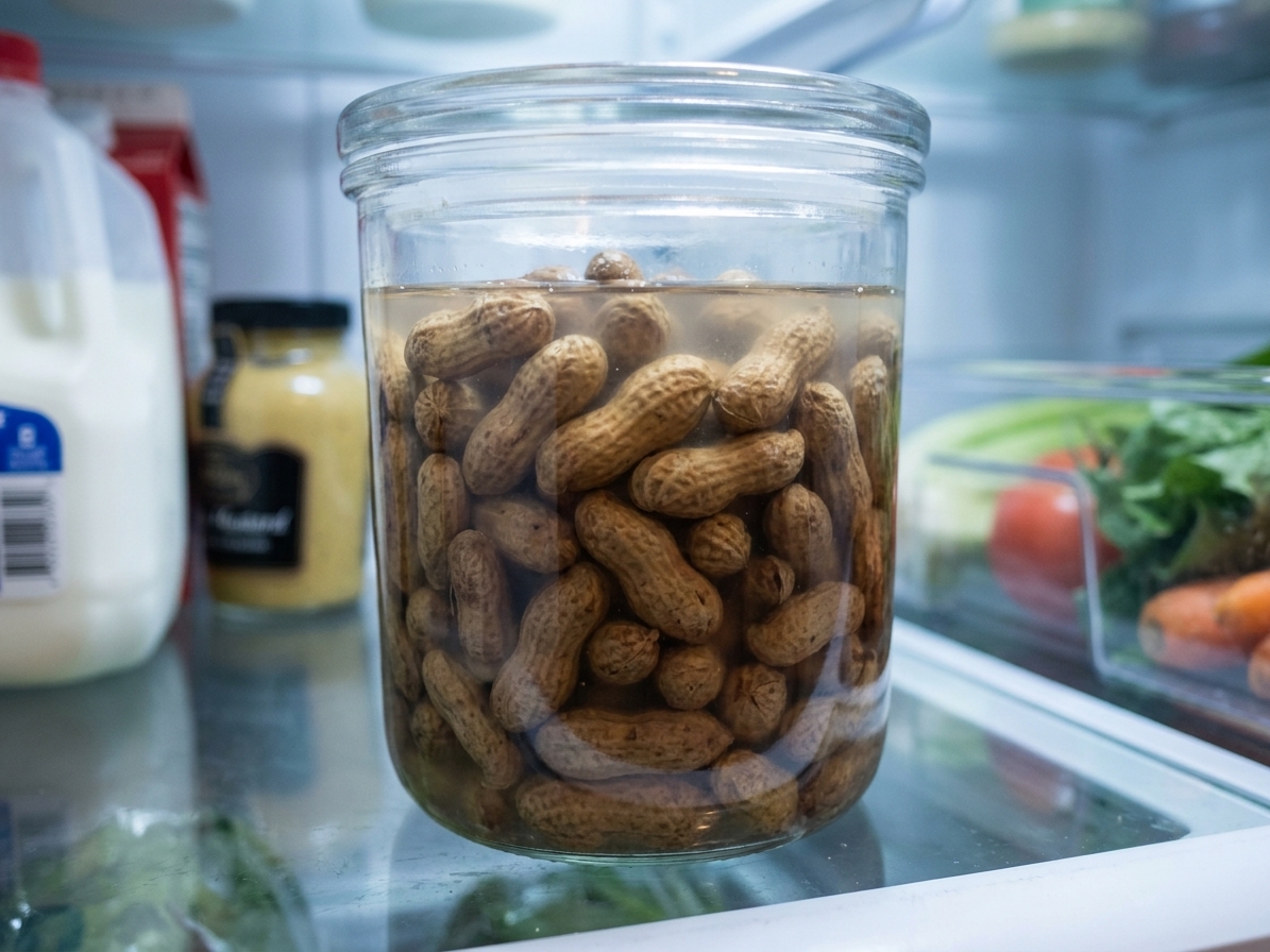 A clear airtight container filled with boiled peanuts submerged in salty brine on a refrigerator shelf