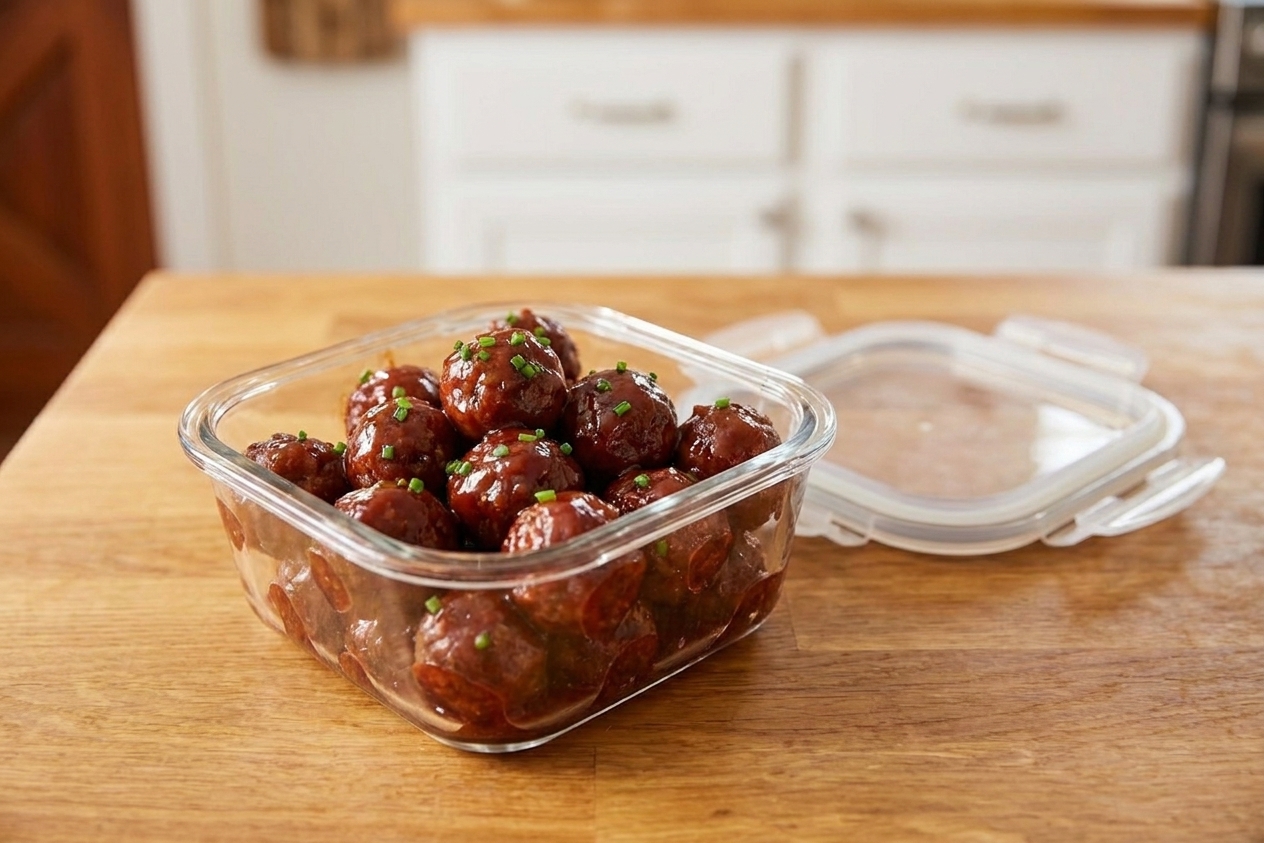 A clear airtight container filled with grape jelly meatballs and sauce on a kitchen counter next to a lid, ready for the refrigerator