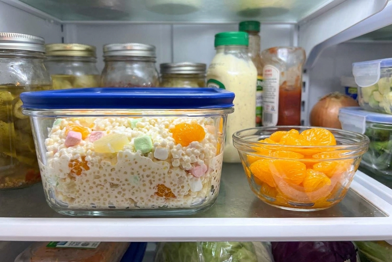A clear airtight container filled with leftover frog eye salad sitting on a refrigerator shelf next to a small bowl of mandarin oranges