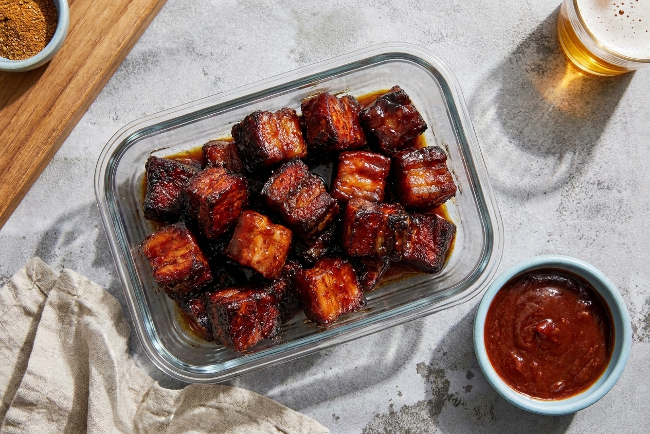A clear airtight container filled with leftover pork belly burnt ends on a kitchen counter next to a small ramekin of barbecue sauce