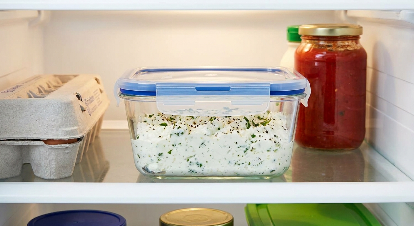 A clear airtight container filled with ricotta manicotti filling, covered and sitting in a refrigerator