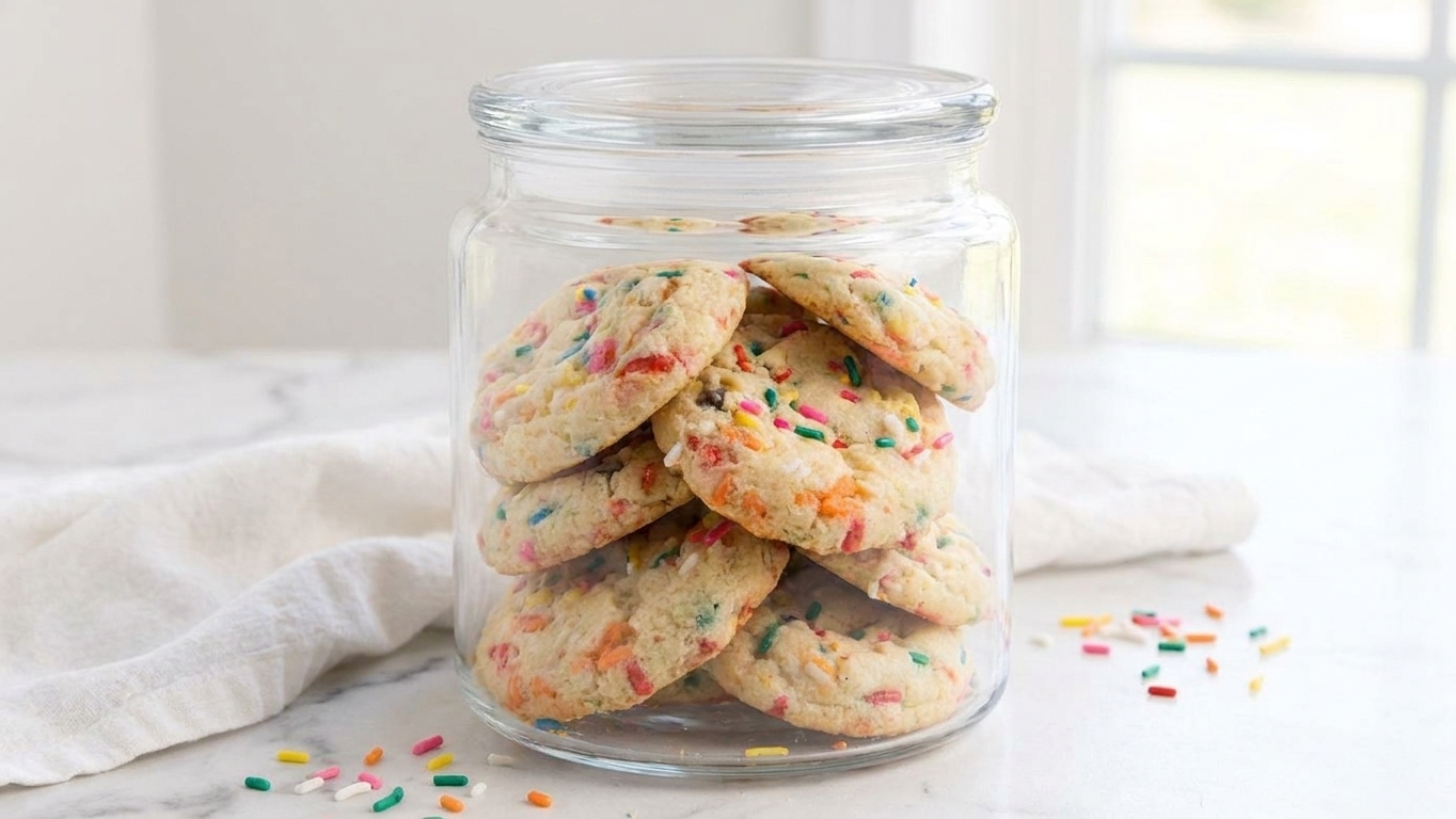 A clear airtight container filled with stacked cake mix cookies on a bright kitchen counter