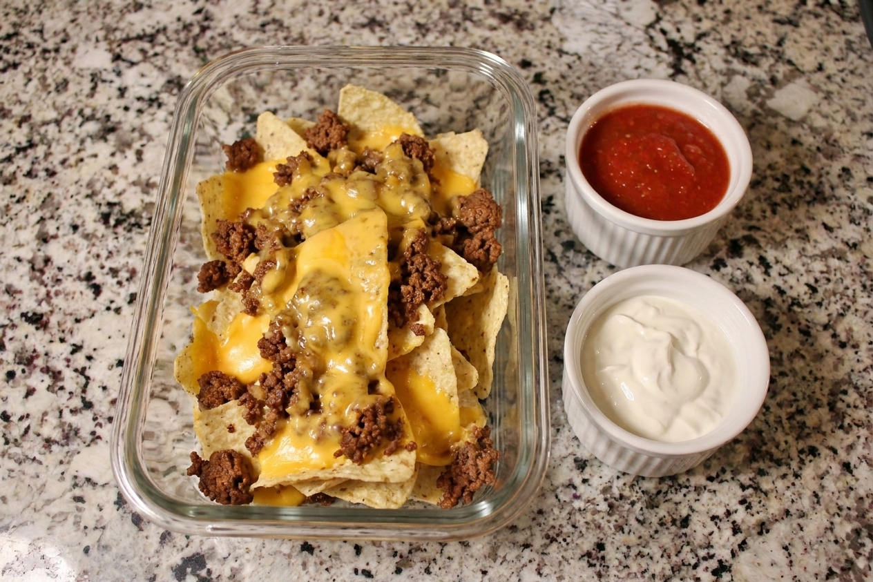 A clear airtight container holding leftover nachos with melted cheese and ground beef on a kitchen counter next to small containers of salsa and sour cream