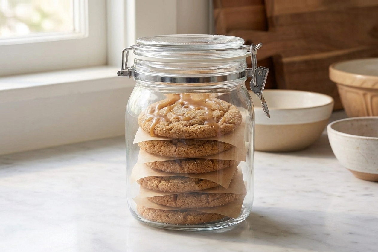 A clear airtight container holding stacked spice sugar cookies with parchment paper between layers on a kitchen counter