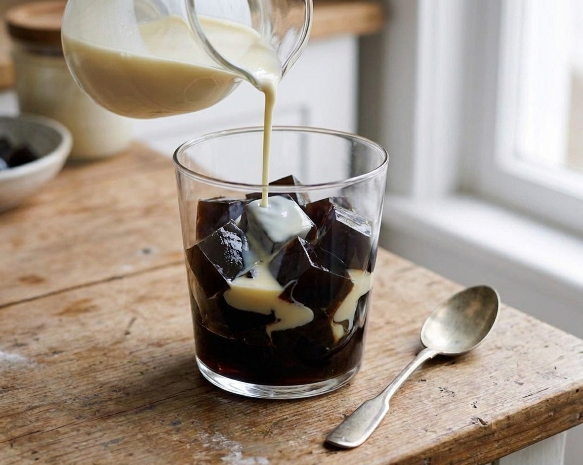 A clear dessert glass filled with coffee jelly cubes and a pour of cold cream pooling between the cubes