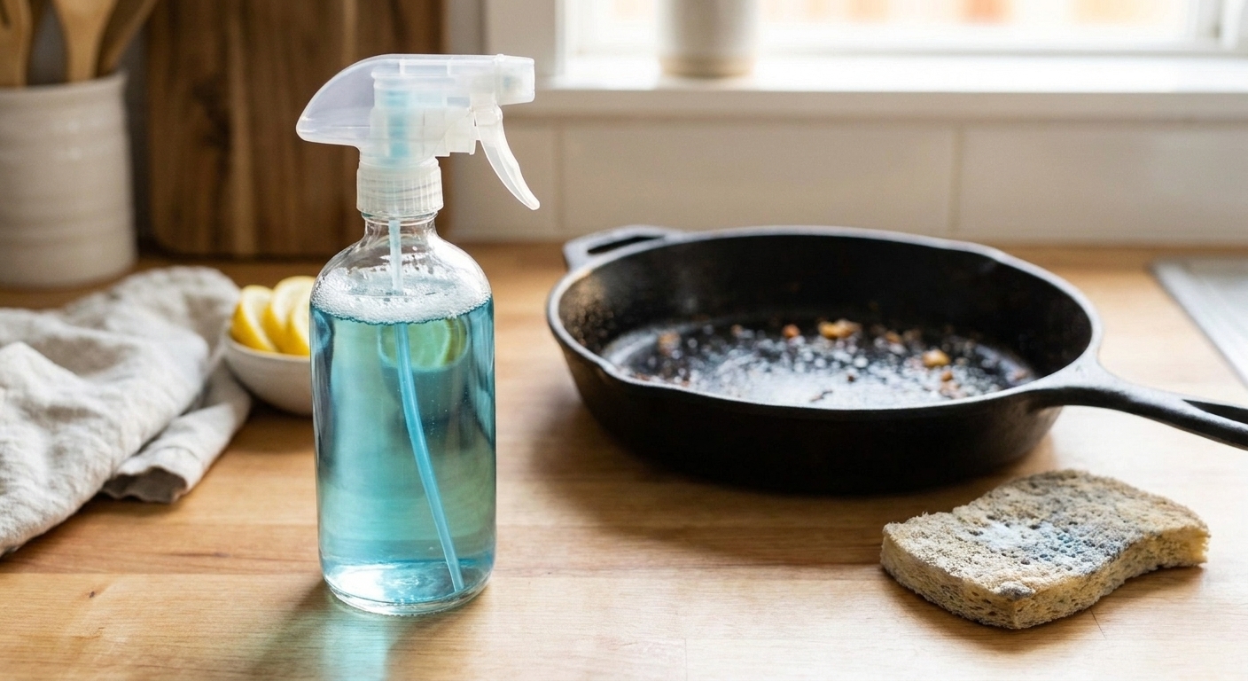 A clear dish spray bottle filled with pale blue soapy solution sitting on a bright kitchen counter next to a sponge and a greasy skillet