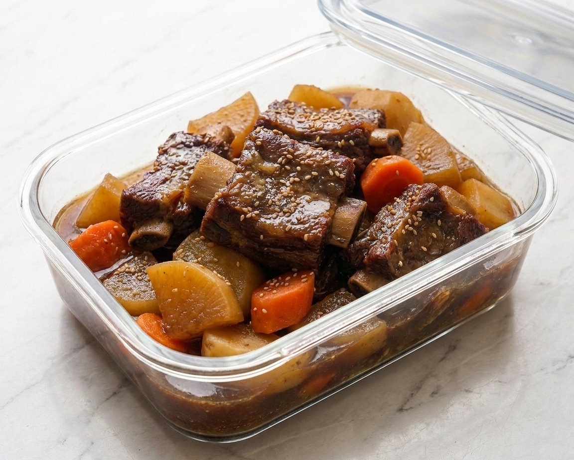 A clear food storage container filled with chilled galbi jjim short ribs and vegetables coated in thickened brown sauce on a kitchen counter