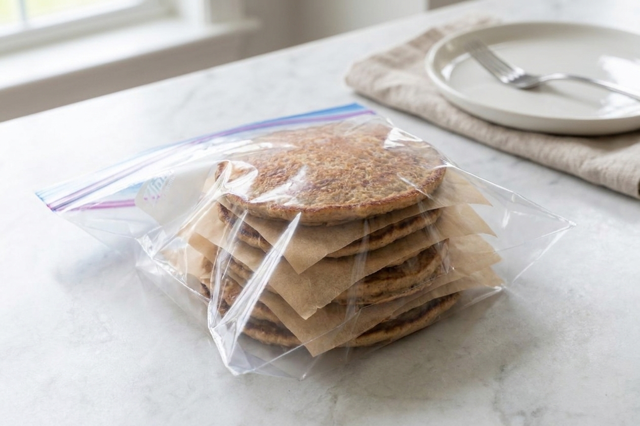 A clear freezer bag filled with banana oat pancakes separated by parchment paper, resting on a kitchen counter
