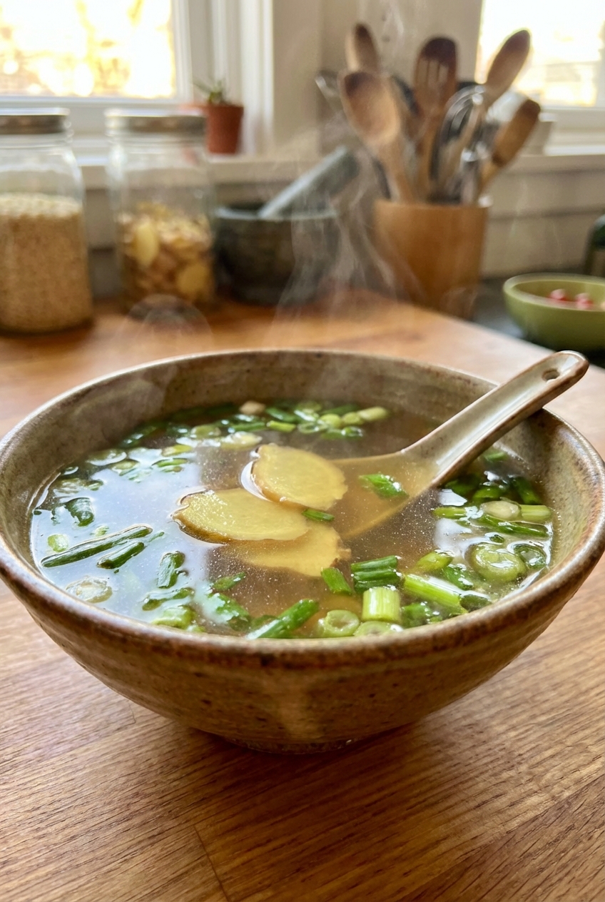 A clear ginger broth soup with scallions in a ceramic bowl