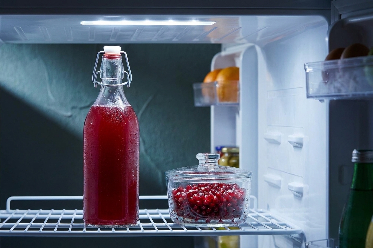 A clear glass bottle filled with ruby-red pomegranate martini mix on a refrigerator shelf next to a small container of pomegranate seeds