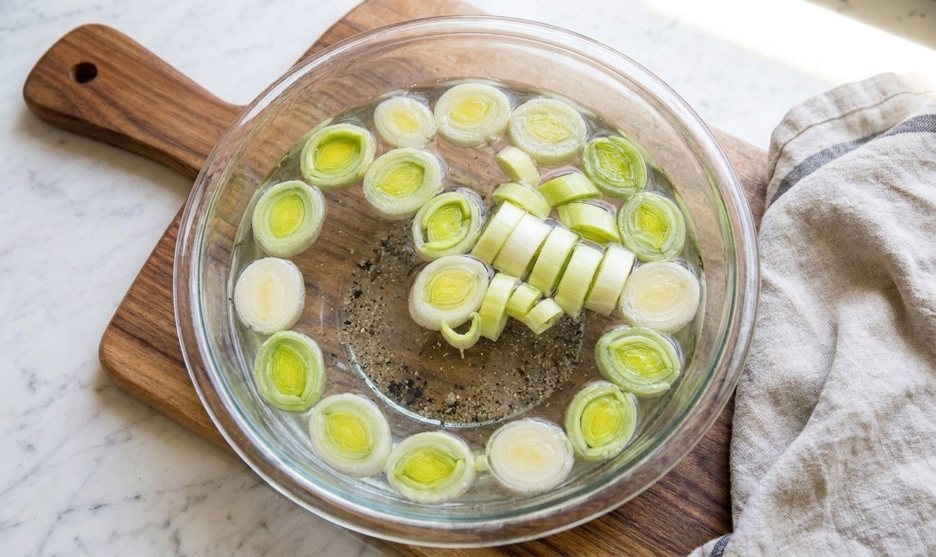 A clear glass bowl filled with sliced leeks soaking in cold water on a kitchen counter, with small specks of grit settled at the bottom