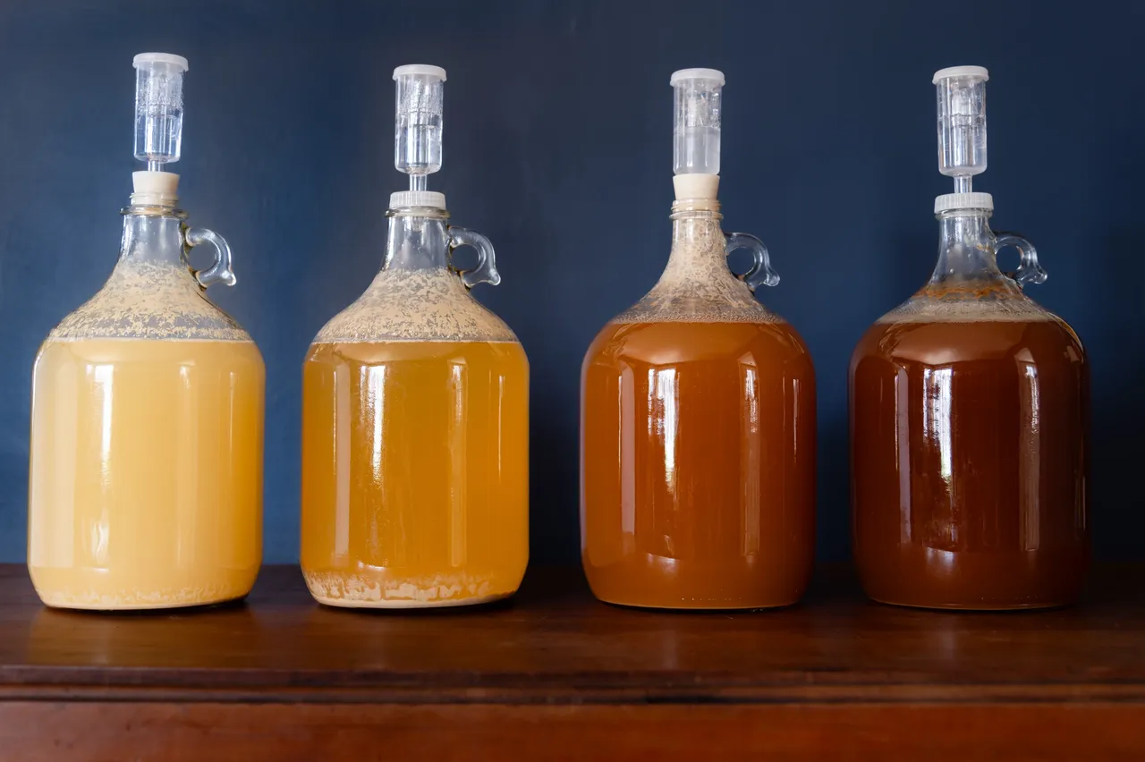 A clear glass carboy of golden homemade mead on a bright kitchen counter with an airlock attached, honey jar and lemon nearby