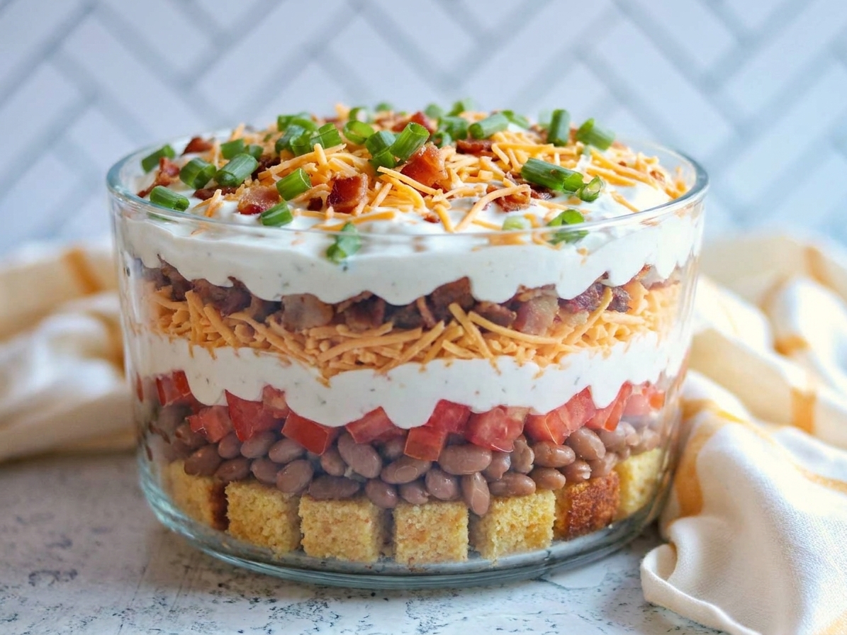 A clear glass dish showing layered cornbread salad with visible stripes of cornbread cubes, beans, tomatoes, cheddar, bacon, and creamy dressing