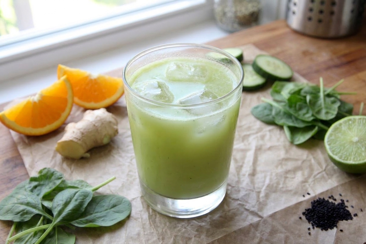 A clear glass filled with pale green citrus ginger juice on a light kitchen counter with orange slices, cucumber, and fresh ginger nearby