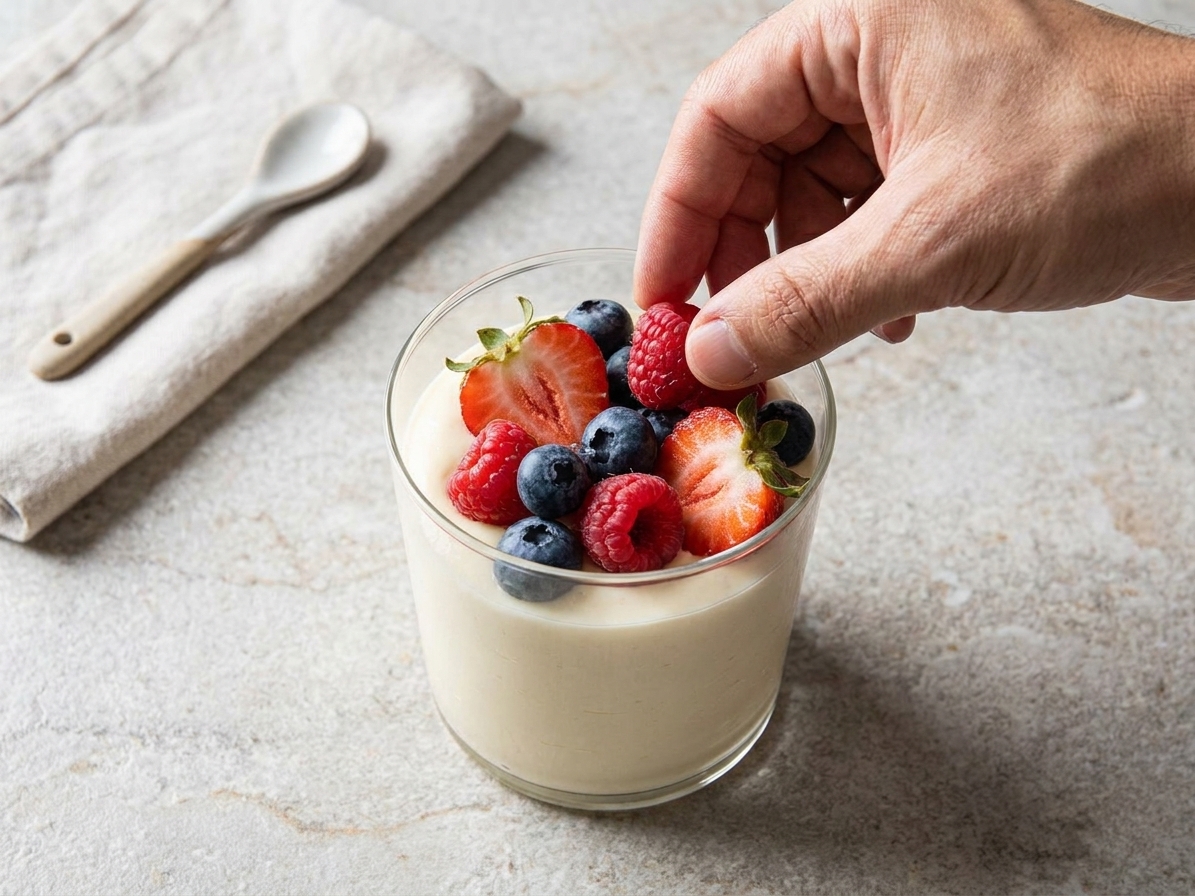 A clear glass filled with pale vanilla Bavarian cream topped with fresh berries on a simple stone countertop with soft window light