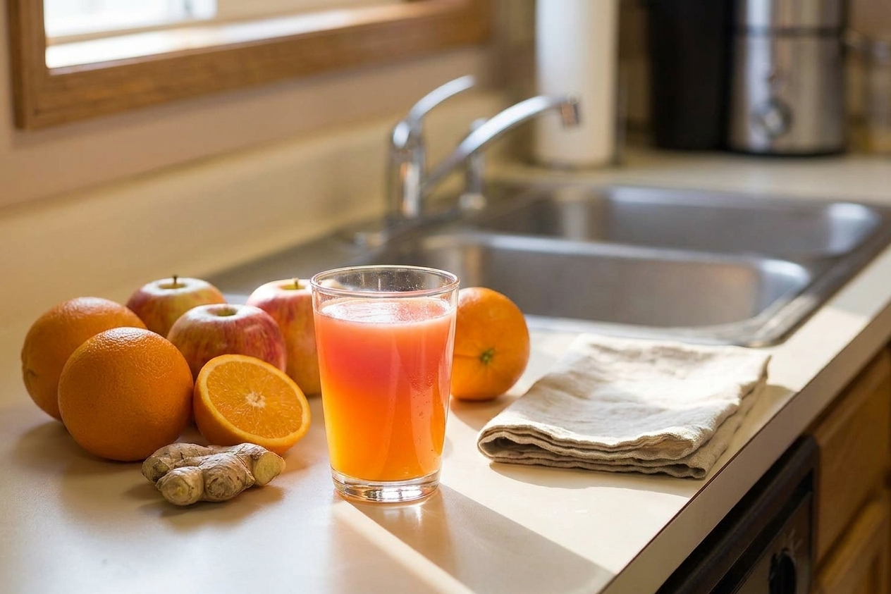 A clear glass filled with vibrant orange and pink fresh juice on a sunny kitchen counter with whole oranges, apples, and ginger nearby
