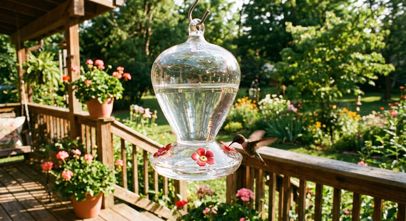 A clear glass hummingbird feeder filled with fresh sugar water hanging on a sunny backyard porch, with a hummingbird hovering nearby, real photo