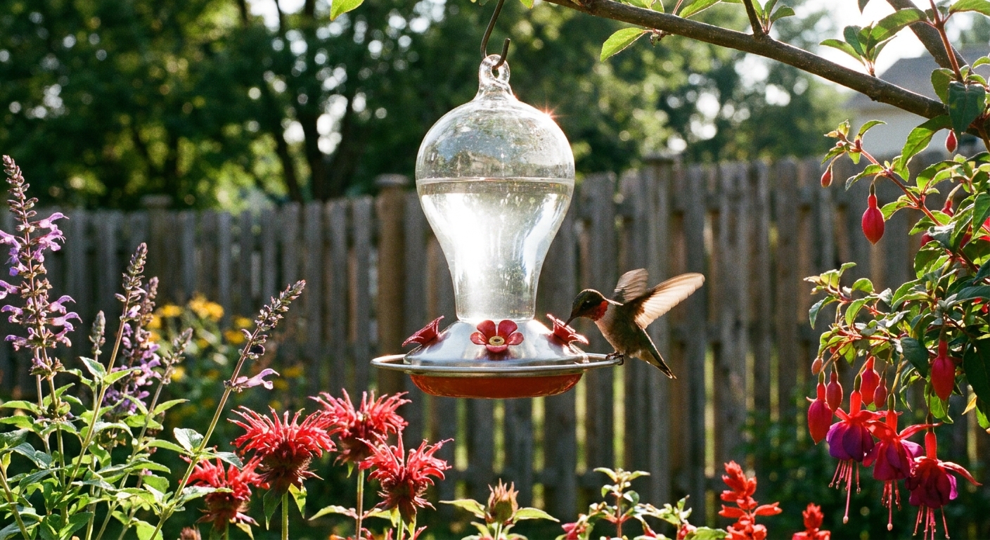A clear glass hummingbird feeder hanging in a sunny backyard with a ruby-throated hummingbird sipping fresh sugar water, realistic photography