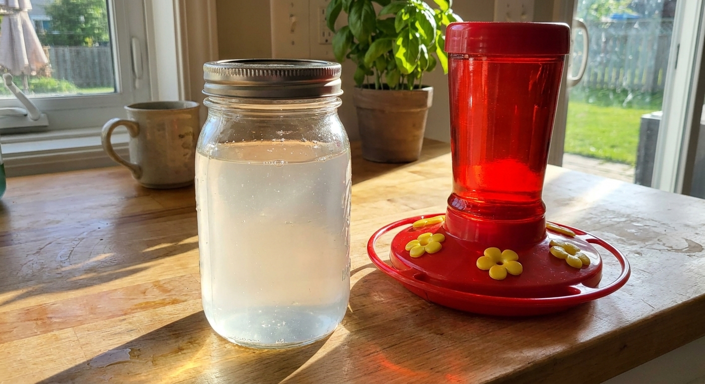 A clear glass jar filled with homemade hummingbird nectar beside a red hummingbird feeder on a sunny kitchen counter, real photo style