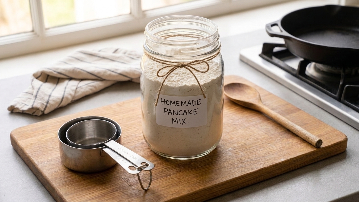 A clear glass jar filled with homemade pancake mix on a bright kitchen counter with measuring cups nearby