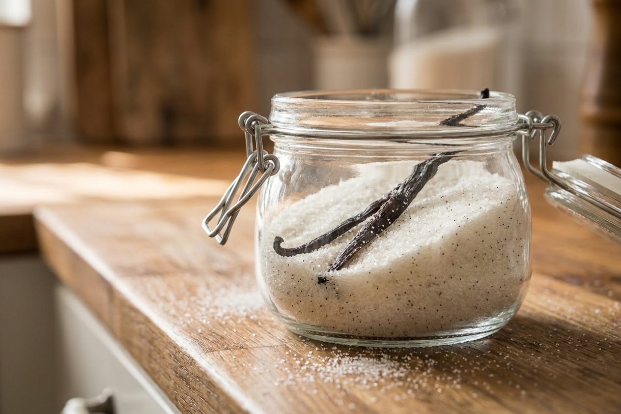 A clear glass jar filled with vanilla sugar, with a split vanilla bean tucked inside, sitting on a warm wooden kitchen counter in soft natural light