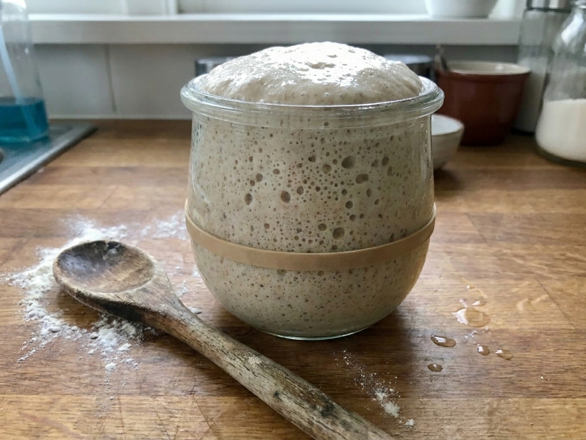 A clear glass jar of active sourdough starter with bubbles and a domed top on a kitchen counter beside a wooden spoon