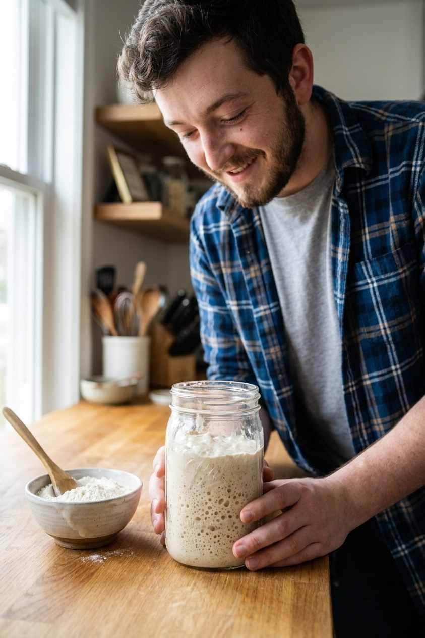 A clear glass jar of bubbly active sourdough starter on a home kitchen counter next to a small bowl of flour and a spoon, natural window light, realistic food photography