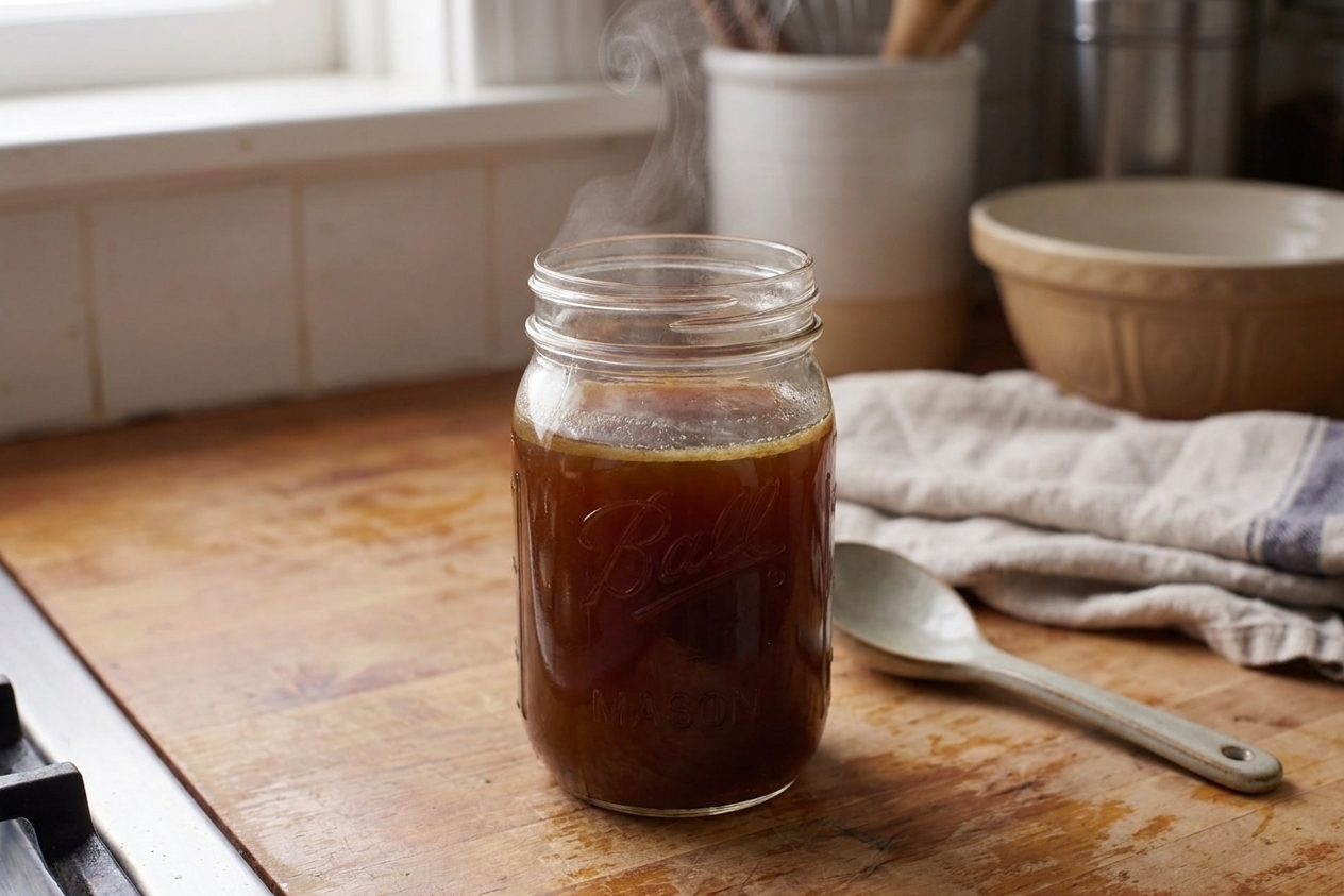 A clear glass jar of deep brown beef bone broth on a wooden kitchen counter with steam rising