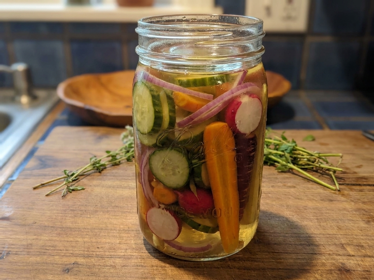 A clear glass mason jar packed with colorful quick pickled vegetables like cucumbers, carrots, red onion, and radishes in a light golden brine on a kitchen counter