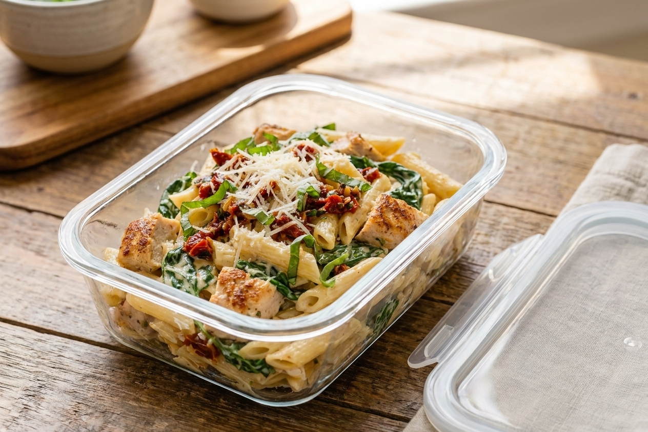 A clear glass meal prep container filled with creamy Tuscan chicken pasta and spinach, sitting on a kitchen counter beside a lid, ready to refrigerate